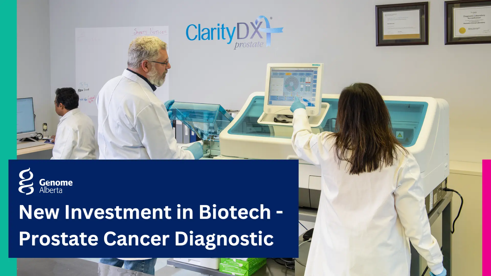 Design with text saying "New Investment in Biotech - Prostate Cancer Diagnostic"