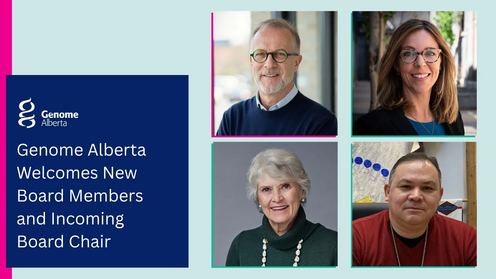Design showing headshots of 3 new board members and the new board chair.