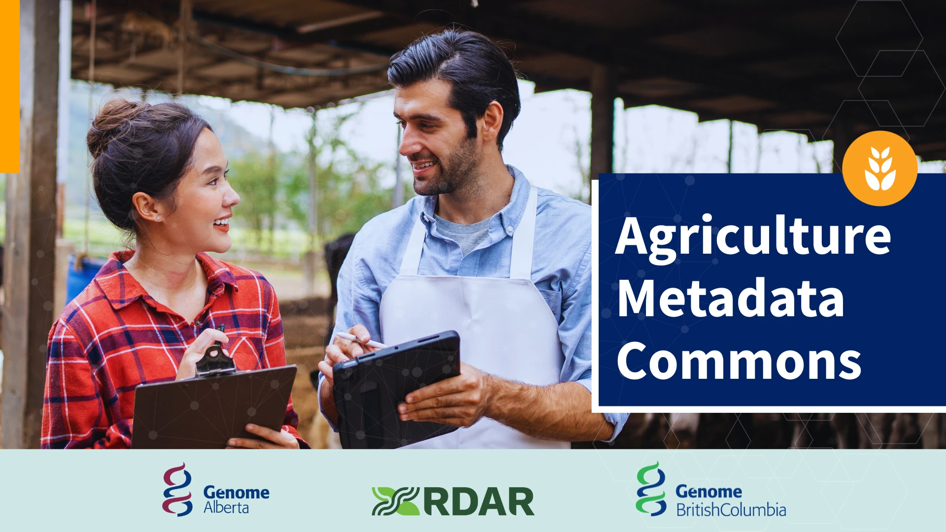 Scientists at a farm holding a clipboard & an iPad discussing data.